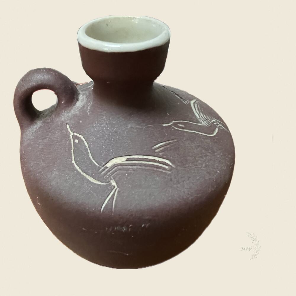 Vintage Brown Ceramic Miniature Jug with Engraved Birds and Loop Handle